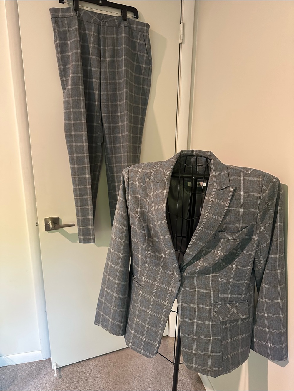 Gray Windowpane Pantsuit Blazer & Trousers